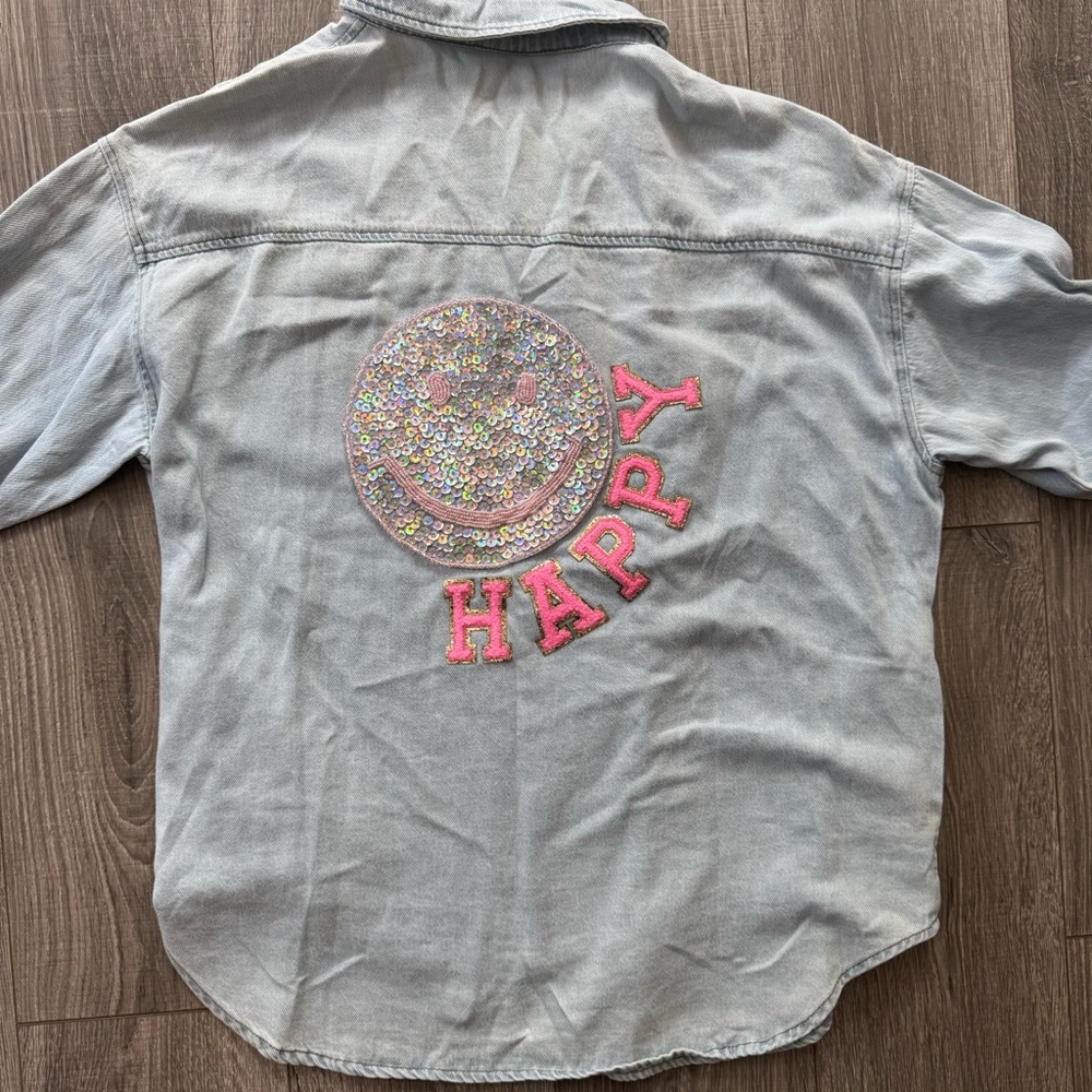 Judith March Denim Jean Button-Up Shirt Happy Sequin Smiley Face